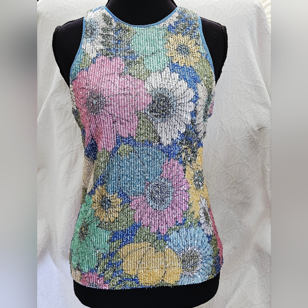VTG-Inspired On 34th Floral Sequin Sleeveless  Tank Too Blouse Multicolor-XXS